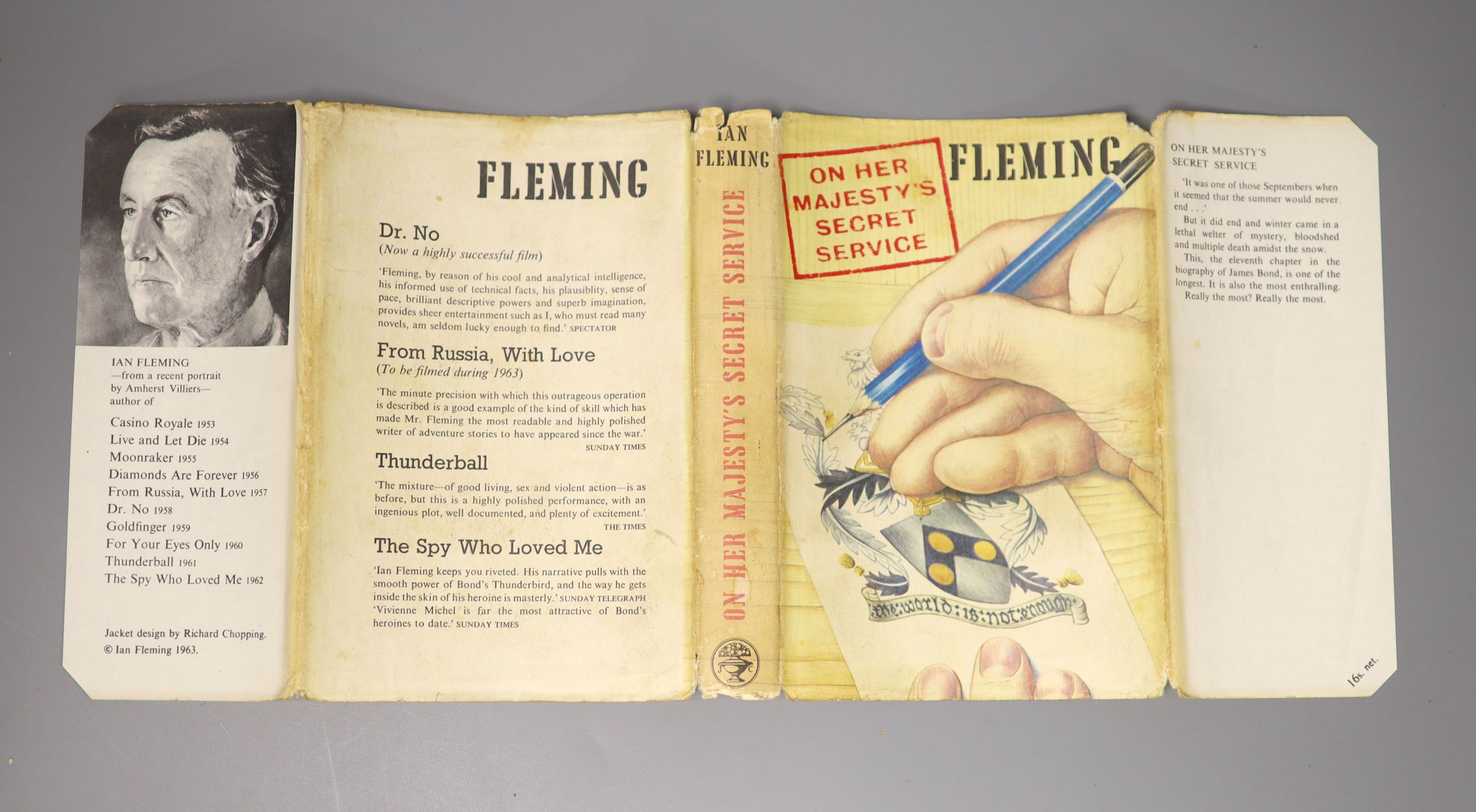 Fleming, Ian - On Her Majesty’s Secret Service, 1st edition, with unclipped d/j designed by Richard Chopping, original dark brown cloth with ski motif to front board, London, 1963; and From Russia With Love, 4th impressi